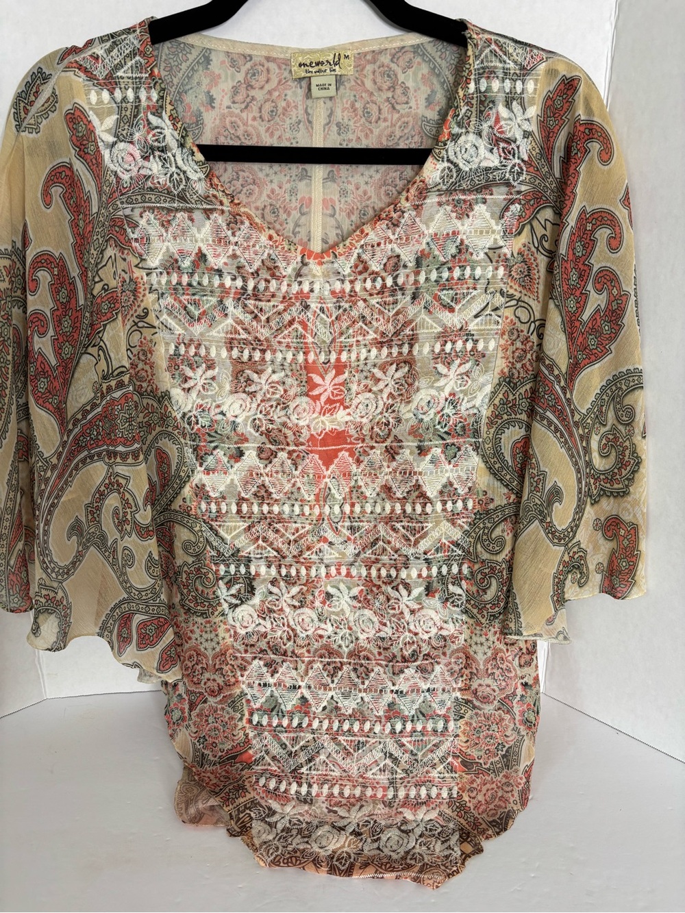 One World Live and Let Live Coral and Cream Paisley Lace-Trim Tunic
Size M